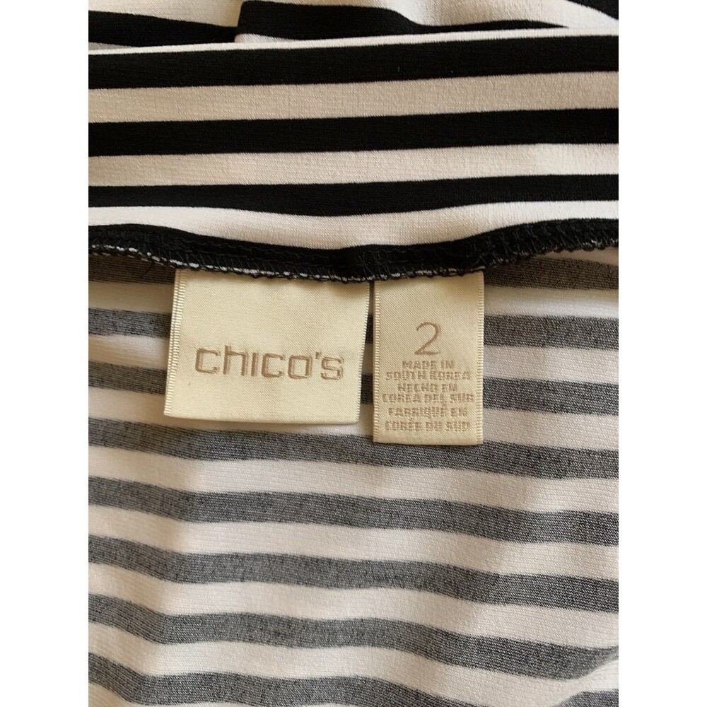 Chicos Size 2 Top Large Black White Striped Cold Shoulder Stretch - Picture 3 of 7
